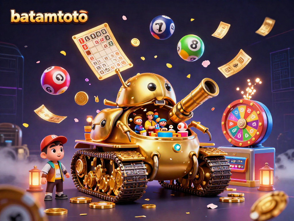 Engage with batamtoto's vibrant casino scene featuring a golden beetle tank and lottery elements.