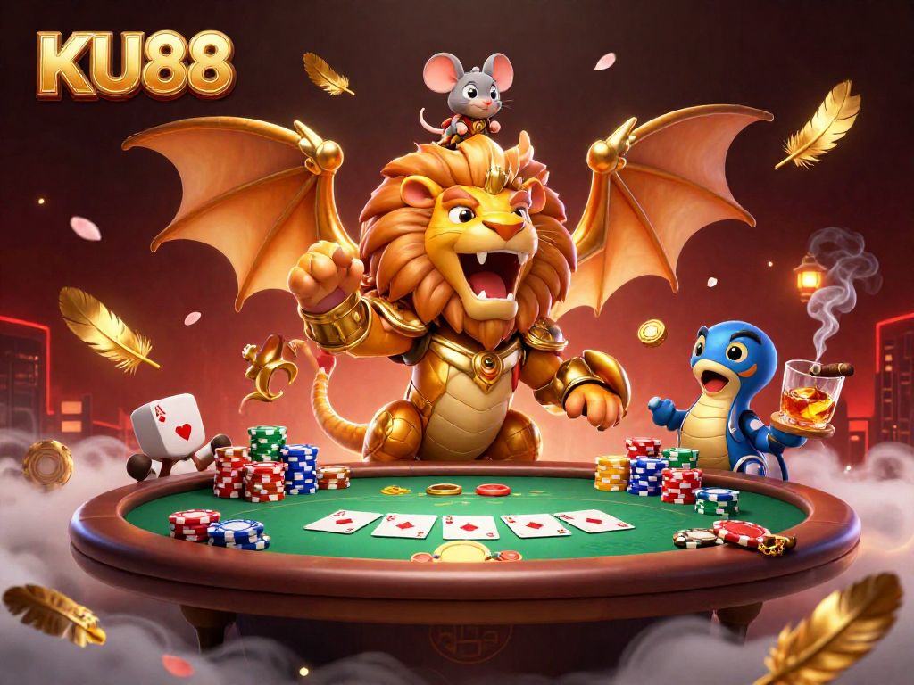 Experience thrilling poker action at KU88 with a chimera and mouse jockey in an ultra-detailed casino scene.
