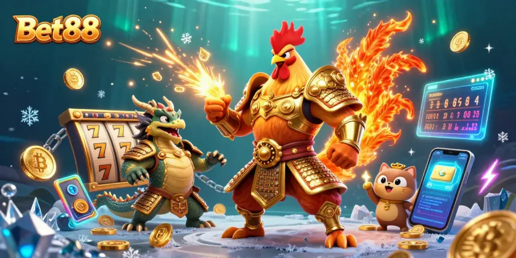 Chơi game thú vị cùng Bet88 với chiến binh gà và rồng trong casino tuyệt đẹp.