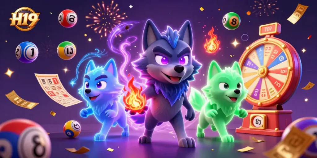 Spin the H19 lottery with glowing wolves amidst bouncing colorful balls and dynamic casino elements.
