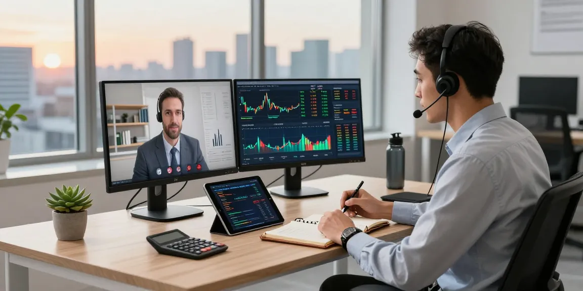 dhankubera financial advisor engaged in a video call at a modern workspace with investment portfolio graphics