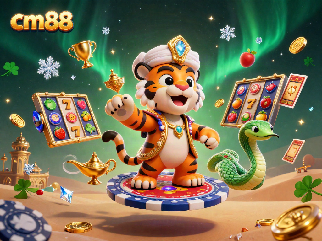 Experience cm88's vibrant slots scene featuring a sultan on a poker chip carpet amidst dynamic symbols and gold accents.