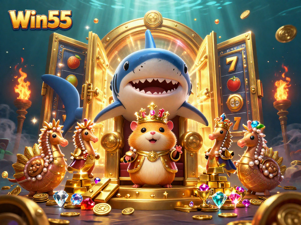 Win55 showcases a fierce hamster king surrounded by treasure and slots in a vibrant underwater scene.