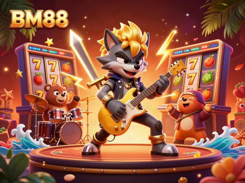 Engage with the electric atmosphere of BM88 at a casino stage featuring a rock star wolf and wild drummer bear.