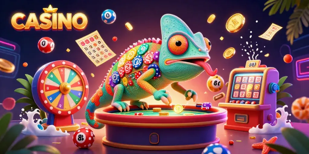 Casino chameleon animated character surrounded by vibrant casino elements and lottery balls.