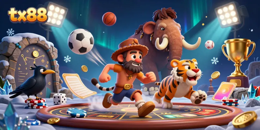 Experience thrilling sports action at tx88 with a vibrant prehistoric casino scene featuring playful cartoon characters.