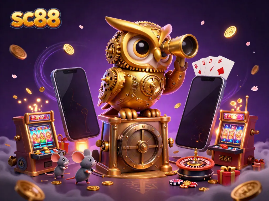 Experience sc88's vibrant gaming world with a golden owl and whimsical mice in a dynamic casino setting.