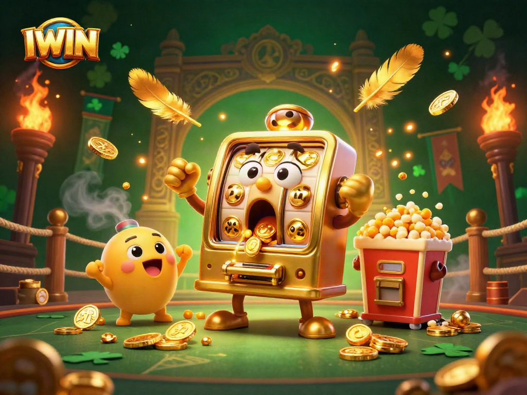 IWIN's golden slot machine celebrates a jackpot win surrounded by cheering baby slots and popcorn, creating excitement!