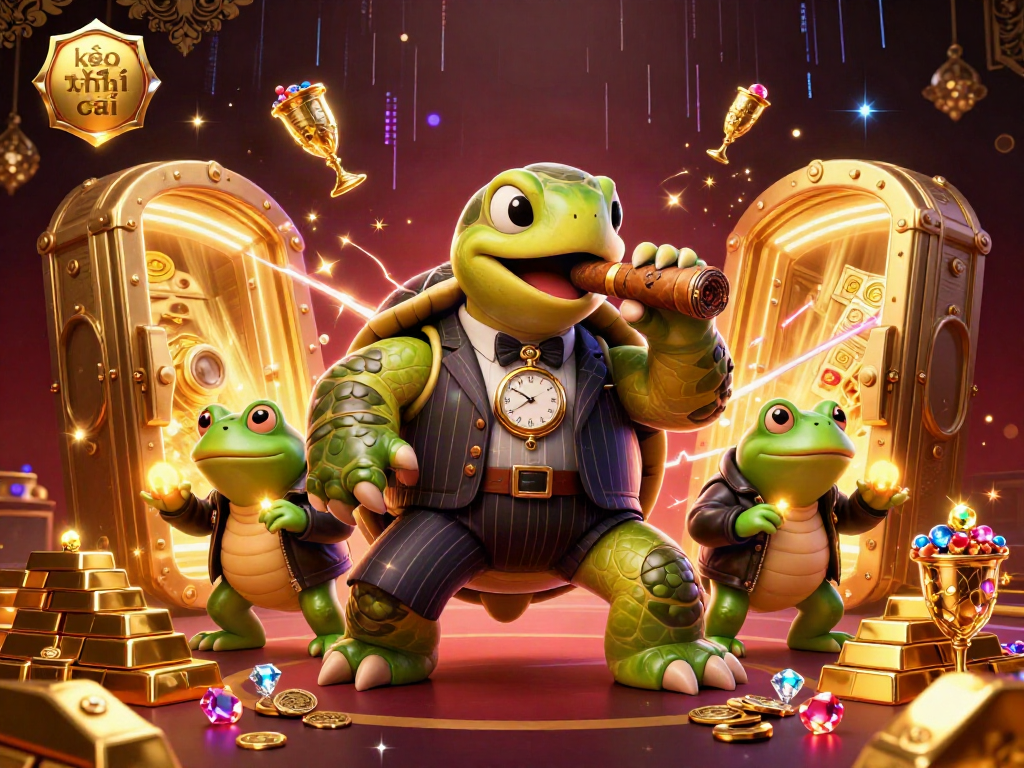 Experience exciting betting with kèo nhà cái in a vibrant casino setting featuring a turtle mobster and bullfrog enforcers.