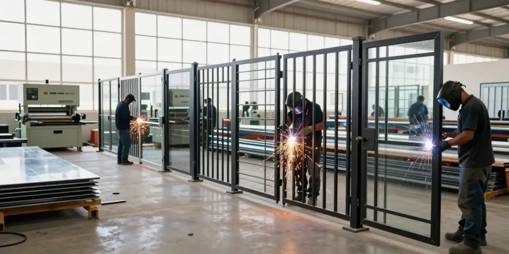 Craftsmen at Altaherdesign.ae workshop fabricating custom gates and doors in Fujairah.