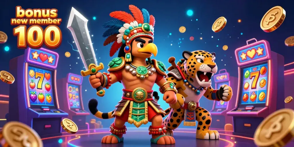 Experience thrilling gameplay with the bonus new member 100 promotion, showcasing colorful slot machines and exciting characters.