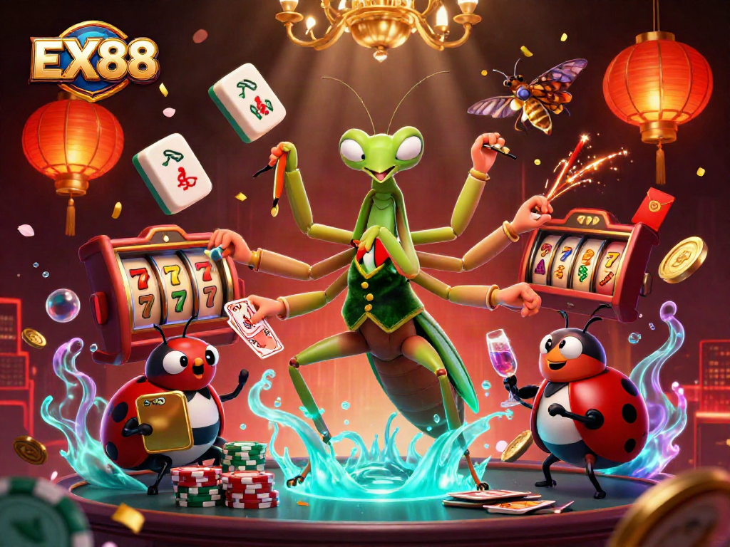 Engage in thrilling gameplay at EX88 with our animated casino scene filled with slot reels and captivating characters.