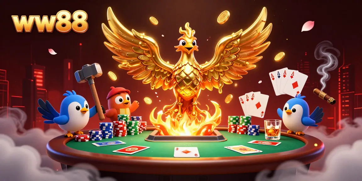 Experience the thrill of gameplay with WW88 as the molten golden phoenix rises amidst poker elements and vibrant energy.