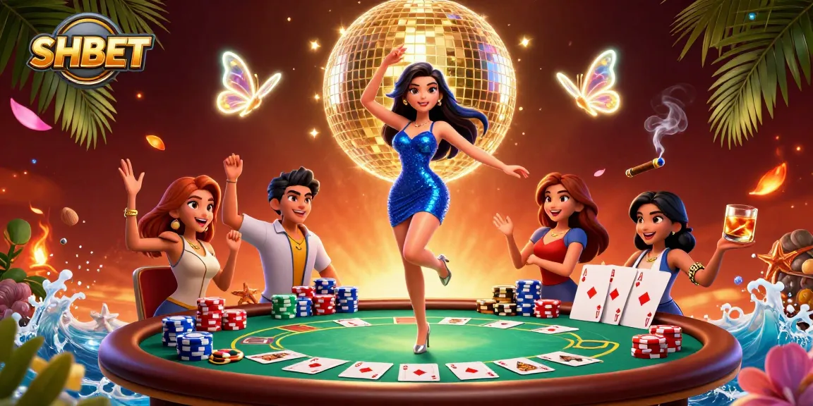 Experience thrilling gaming at SHBET with a dynamic 3D casino scene featuring poker elements.