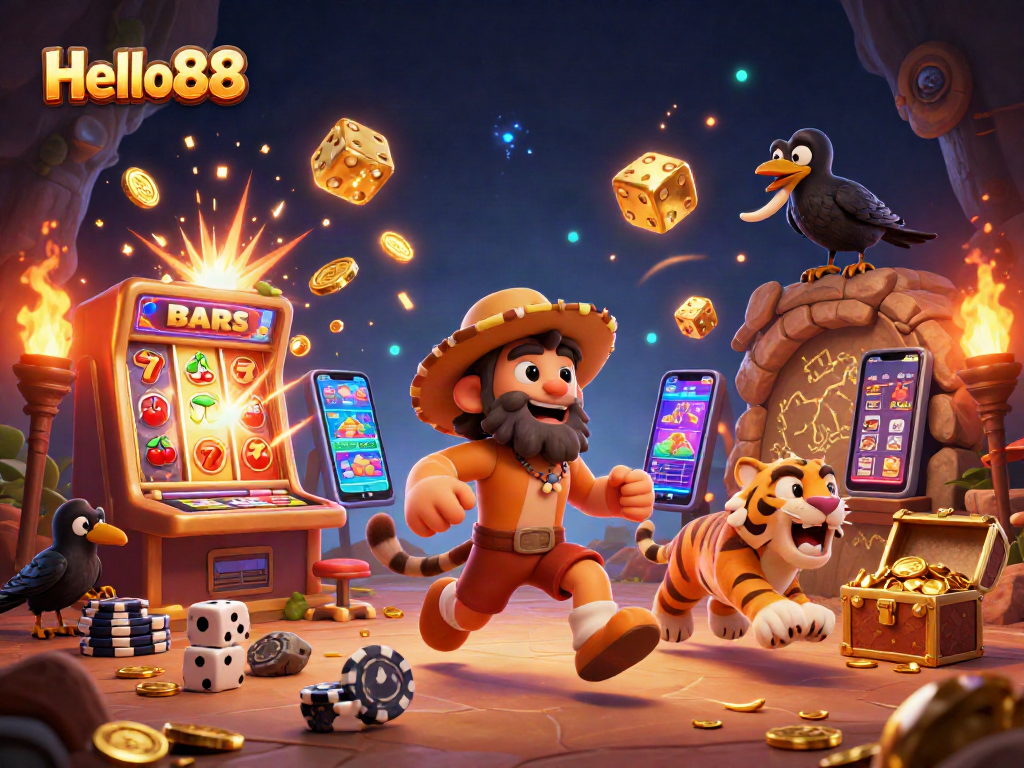 Experience the thrill of winning at Hello88 with cartoon characters in a vibrant, prehistoric casino scene.
