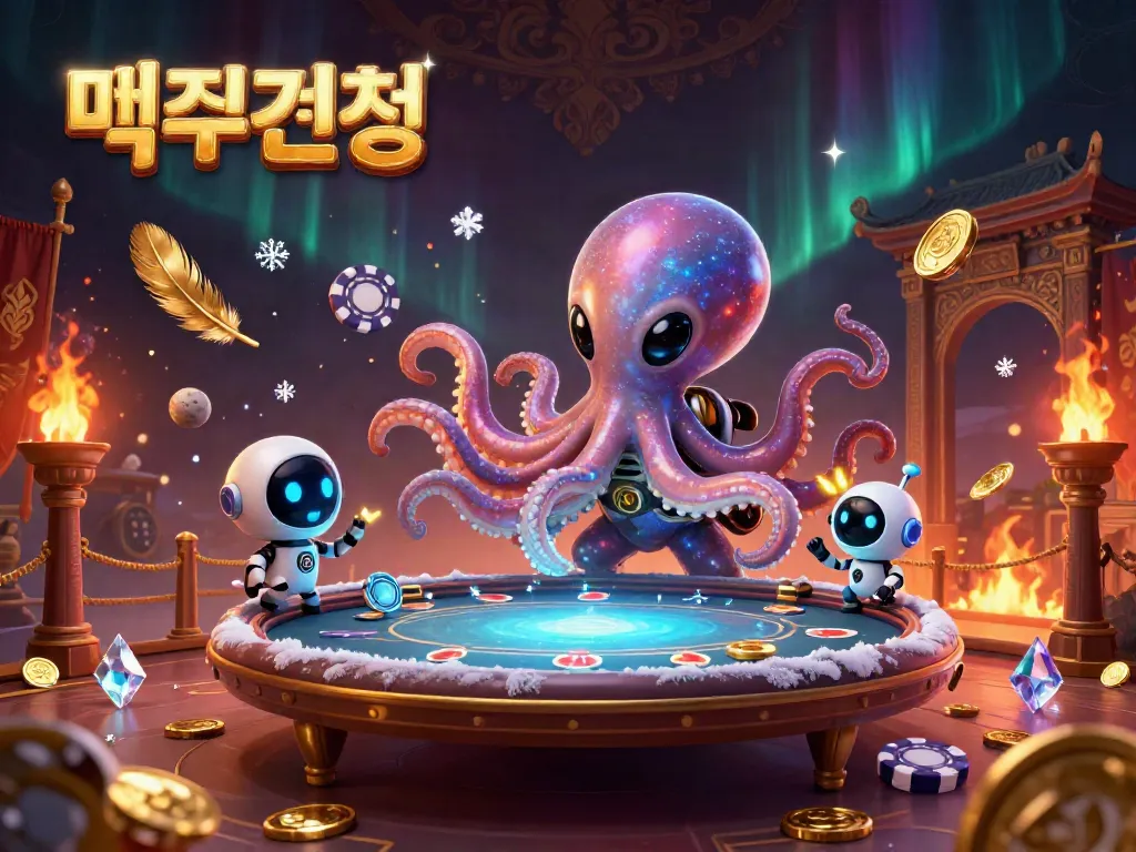 Engage in 먹튀검증 with the exciting scene of a cartoon alien octopus managing a poker table surrounded by vibrant cosmic elements.