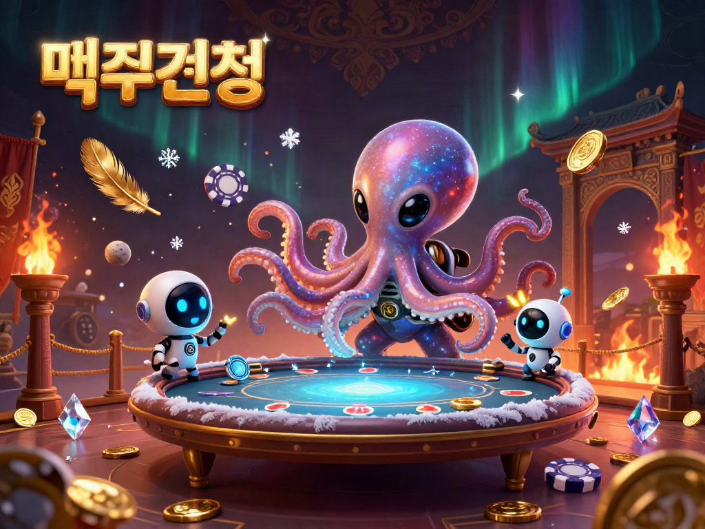 Engage in 먹튀검증 with the exciting scene of a cartoon alien octopus managing a poker table surrounded by vibrant cosmic elements.