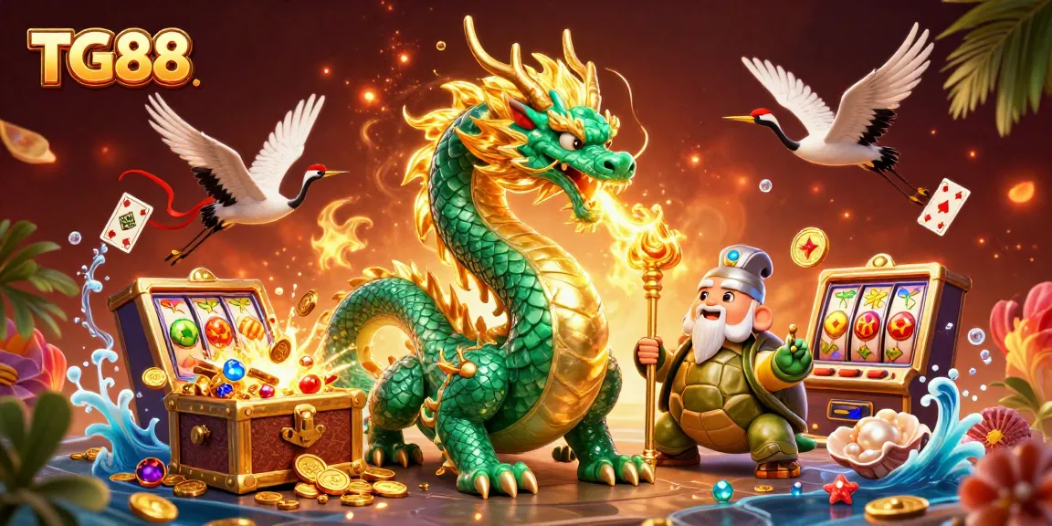Experience winning moments with TG88 as a jade dragon, turtle sage, and lucky cranes create a vibrant casino scene.