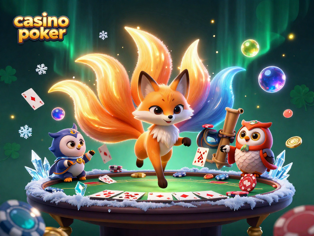 Engage in thrilling casino poker action with vibrant characters and gaming elements illuminating the scene.