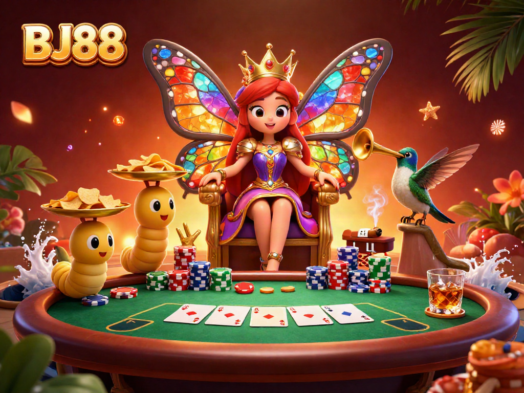 Experience excitement with BJ88 as the butterfly queen reigns over colorful poker chips and thrilling games.