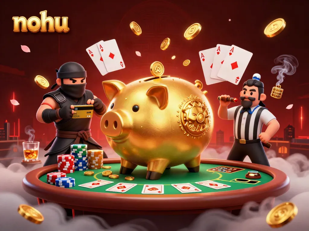Experience gaming excitement with nohu as golden coins spill from a sumo wrestler's stomp in this vibrant casino scene.