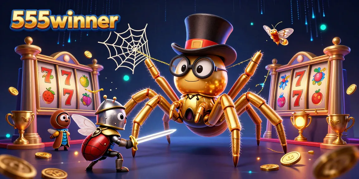 Engage with 555winner in a vibrant casino scene featuring a golden tarantula and knight amidst dynamic slot elements.