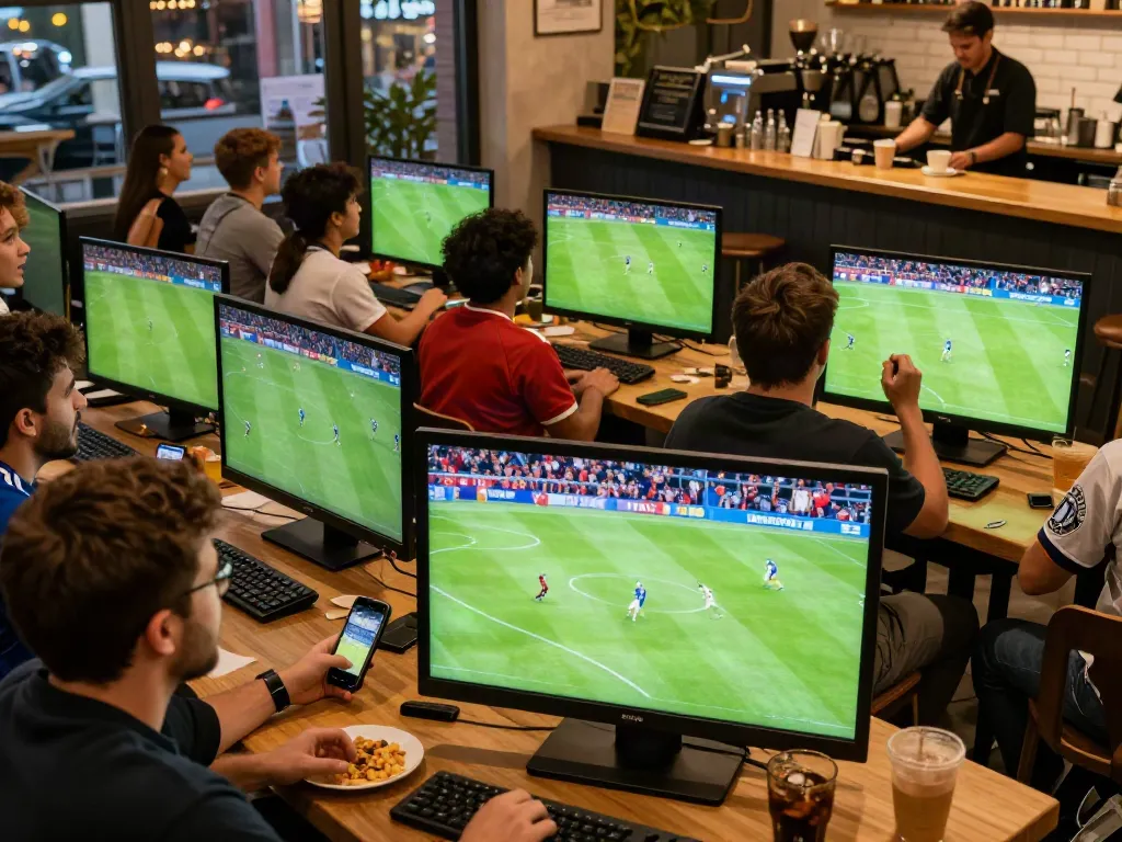 Fans enjoying live soccer matches on multiple screens at a cafe, showcasing free HD viewing experience with xoilactv.