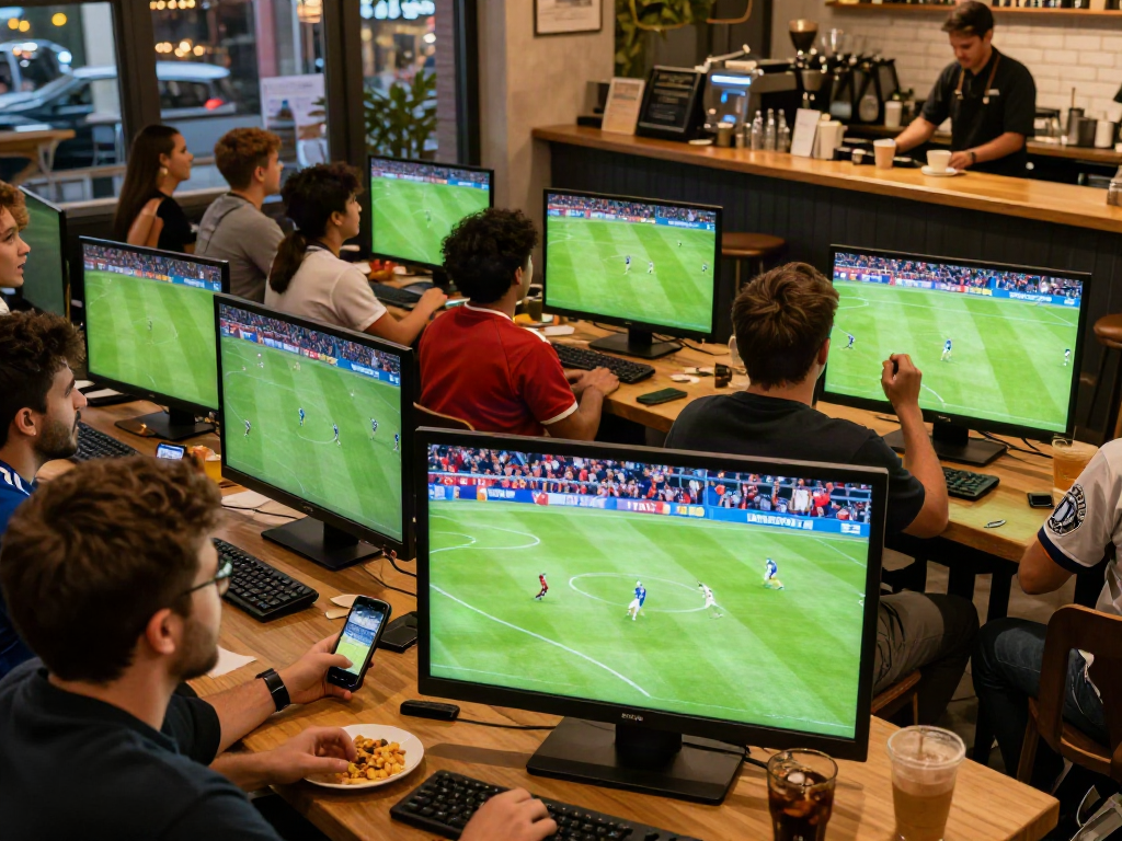 Fans enjoying live soccer matches on multiple screens at a cafe, showcasing free HD viewing experience with xoilactv.