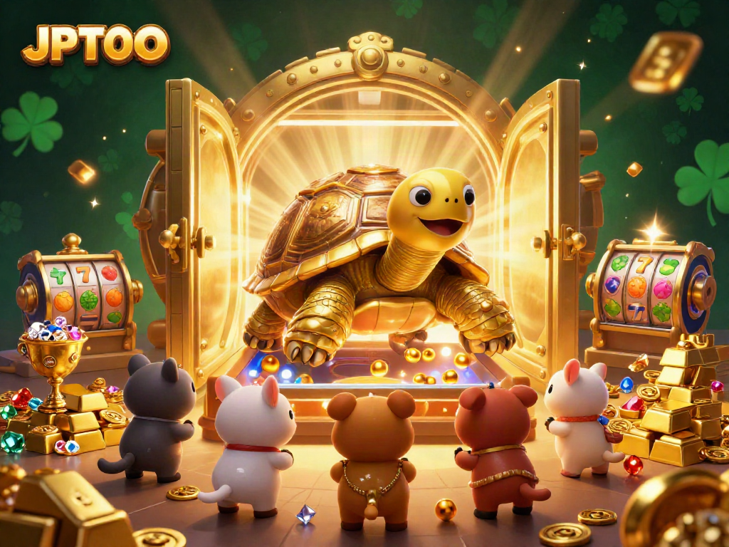 Win big with JPTOTO at this vibrant casino scene featuring a golden tortoise pinball machine.