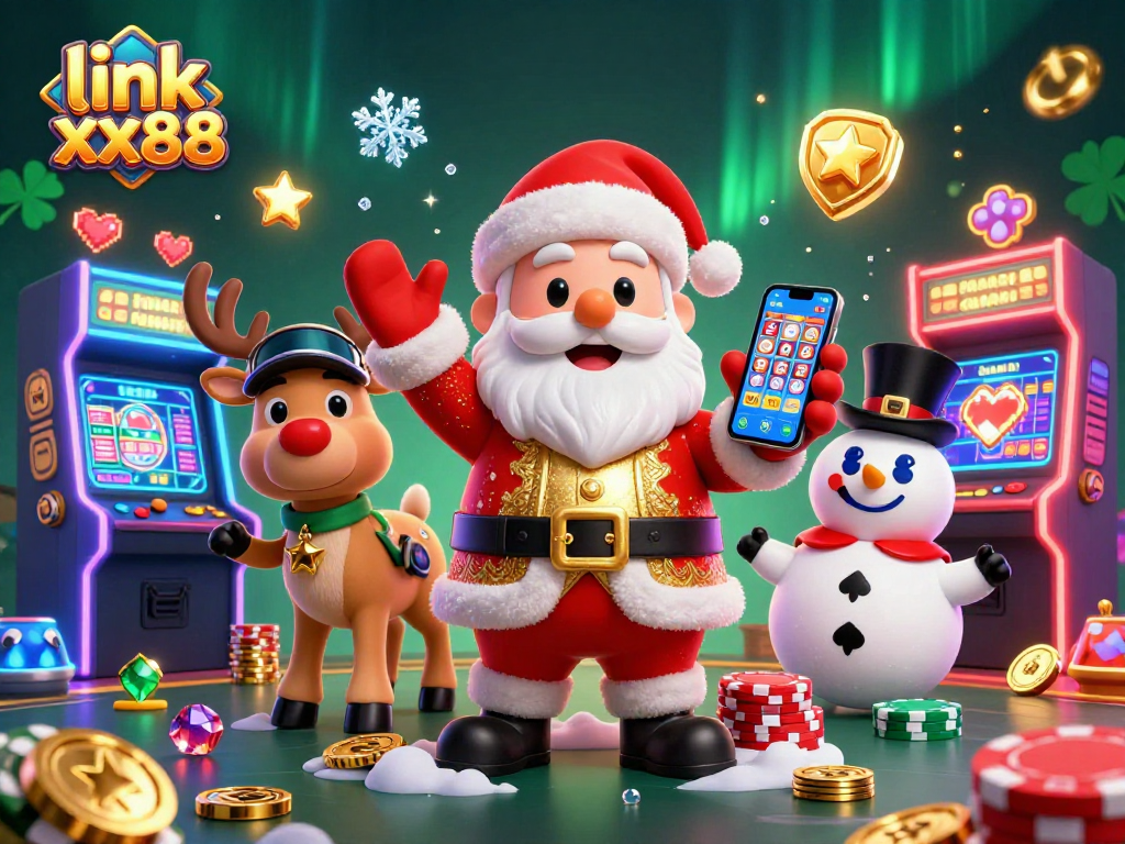 Experience the thrilling action of link xx88 with a festive Santa and companions in a vibrant casino scene.