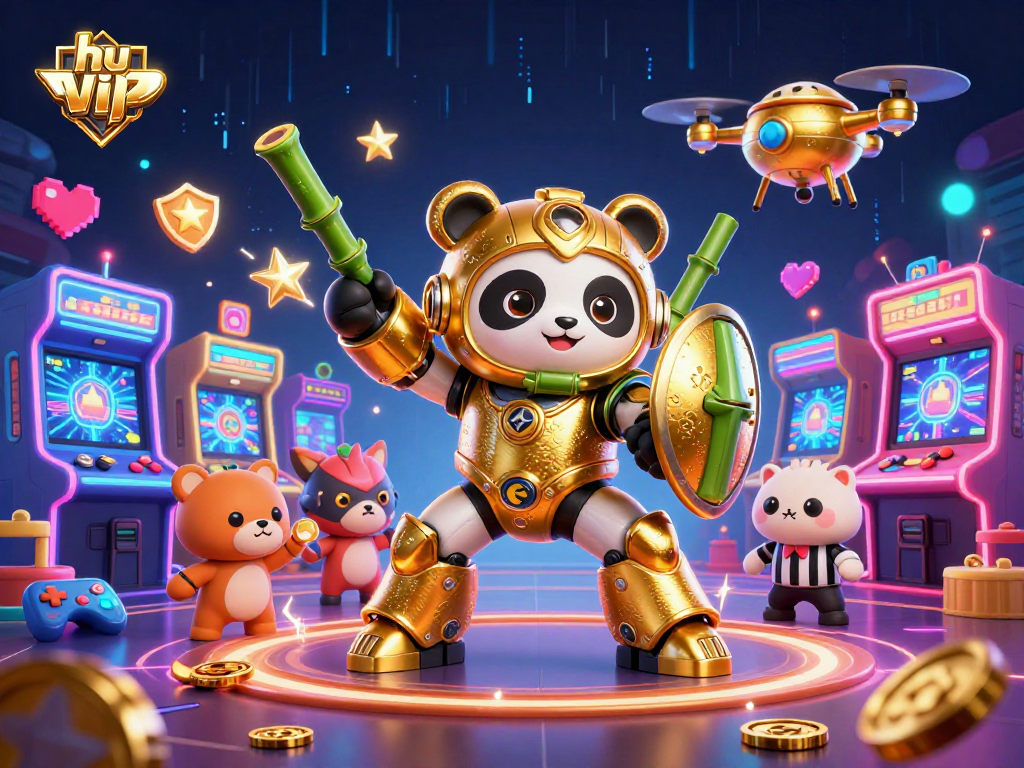 Experience exhilarating gaming action with hu vip as a golden panda battles in a vibrant casino arena.