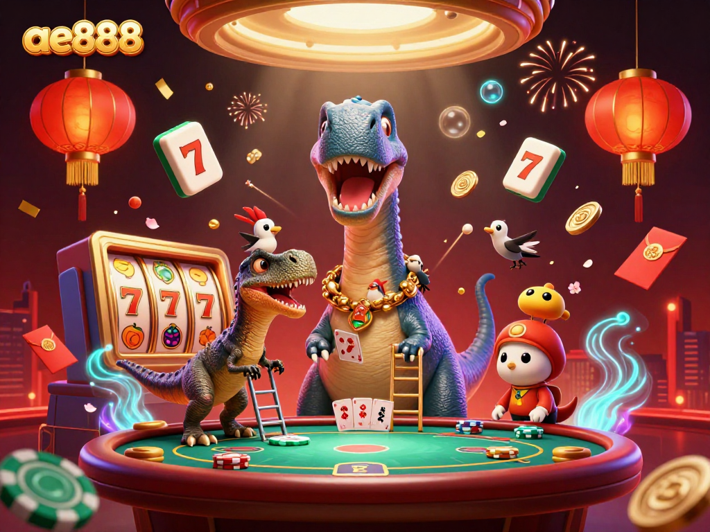 Engage with ae888's dynamic casino scene featuring a towering brontosaurus overseeing a poker game.