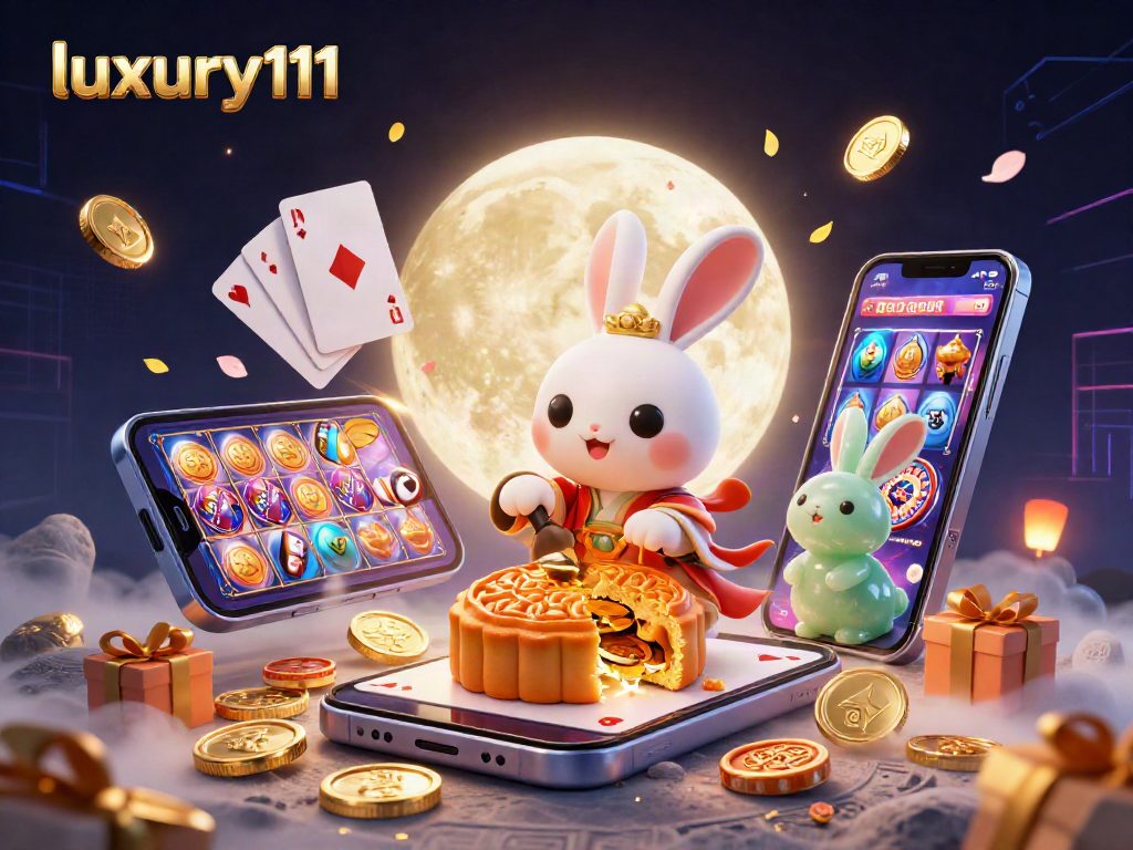 Win exciting bonuses with luxury111 while enjoying a festive moon rabbit casino themed illustration.