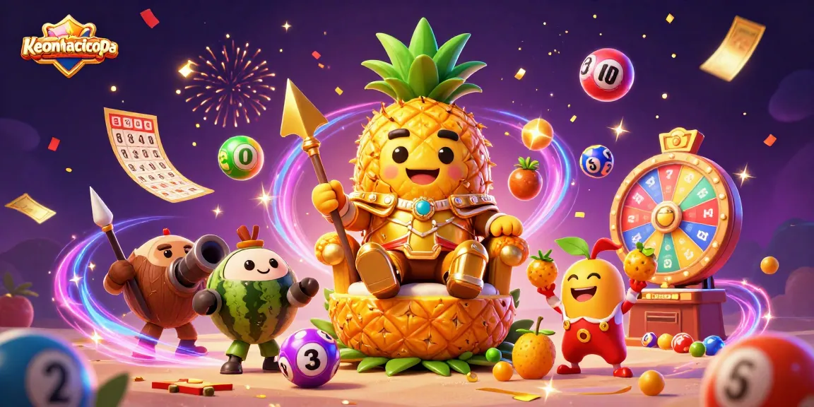 Engage with keonhacaicopa's lively beach casino scene featuring a golden pineapple king and vibrant game elements.