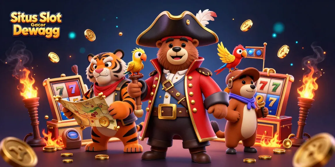 Situs Slot Gacor Dewagg showcases a thrilling jackpot scene with a charismatic bear captain and lively elements.