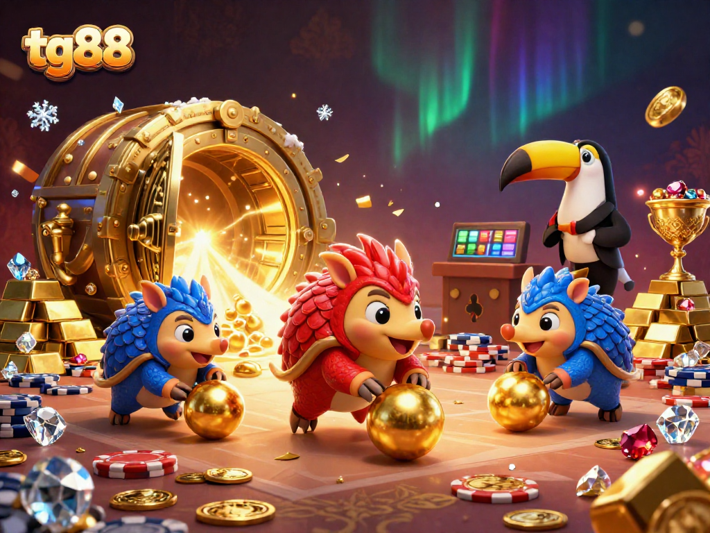 Watch tg88 pangolins play and roll in a vibrant casino scene with treasures and gold.