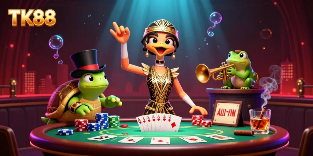 Experience the excitement of TK88 with cartoon characters and dynamic gambling elements in a lively casino setting.