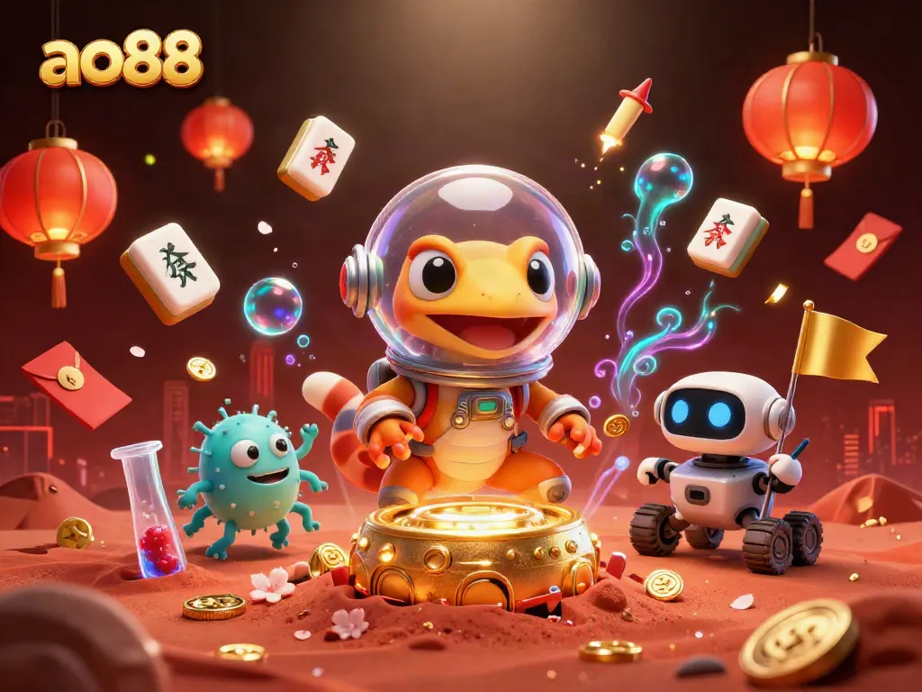 Engage in thrilling action with ao88 as a Martian gecko uncovers a golden casino amidst vibrant elements.