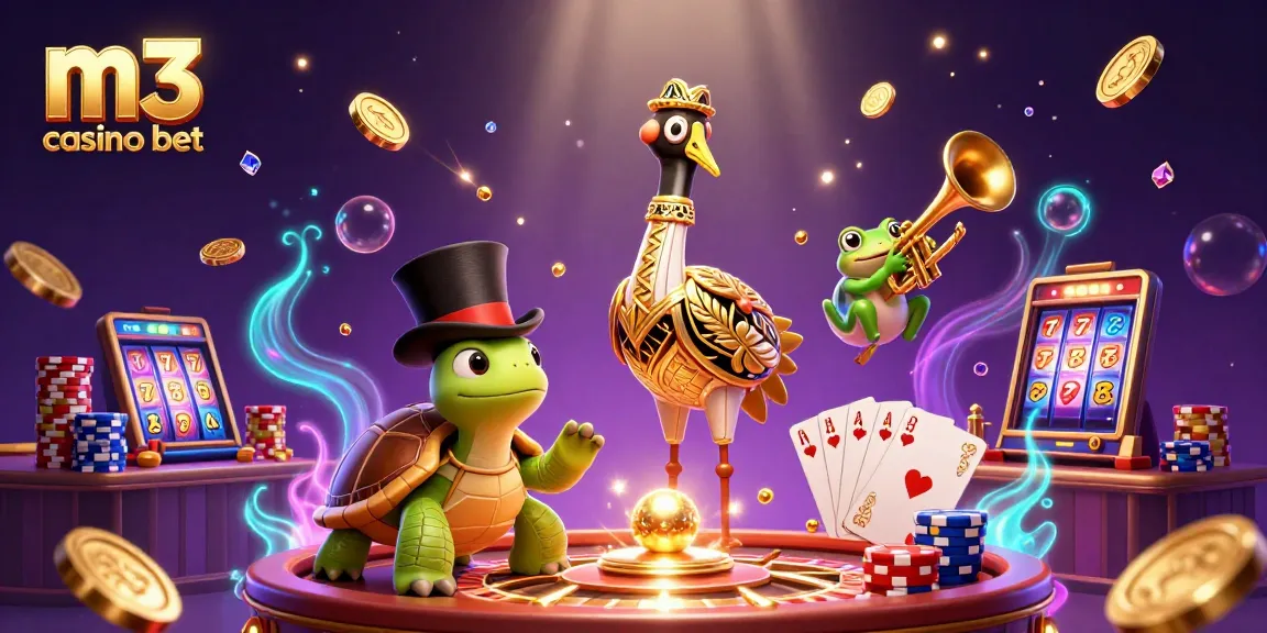Experience excitement with m3 casino bet in a vibrant 3D casino illustration featuring animated characters and game elements.