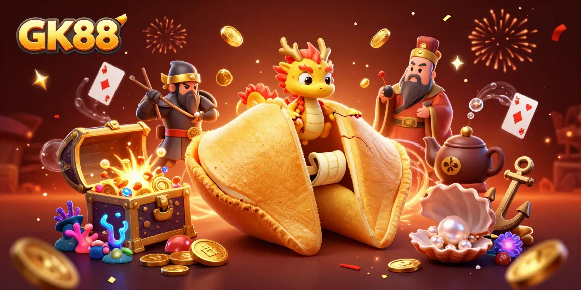 Experience the thrill of GK88's gaming quests with a golden fortune cookie, wisdom, and treasure elements.