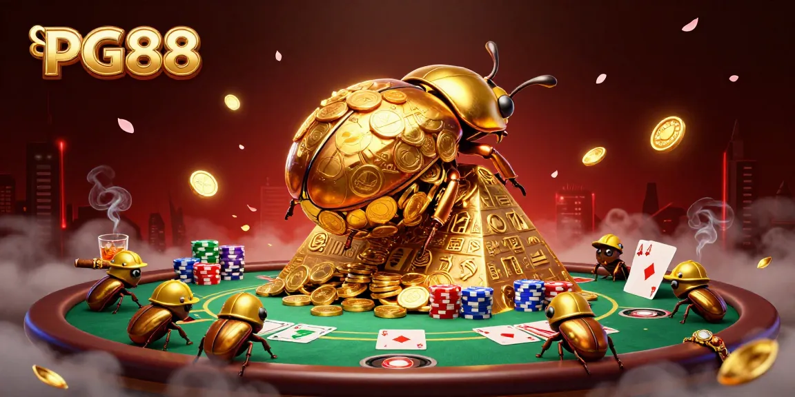 Engage with PG88’s thrilling gaming experience featuring a golden dung beetle heroically rolling coins.