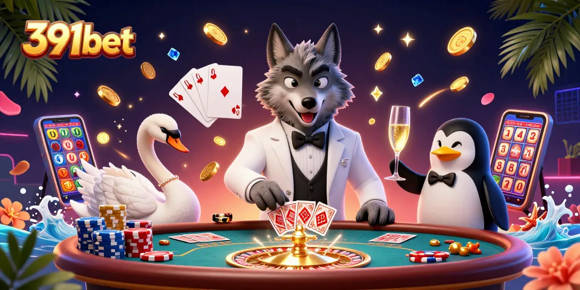 Engage in thrilling play with 391bet's vibrant casino illustration, featuring unique characters and dynamic game elements.
