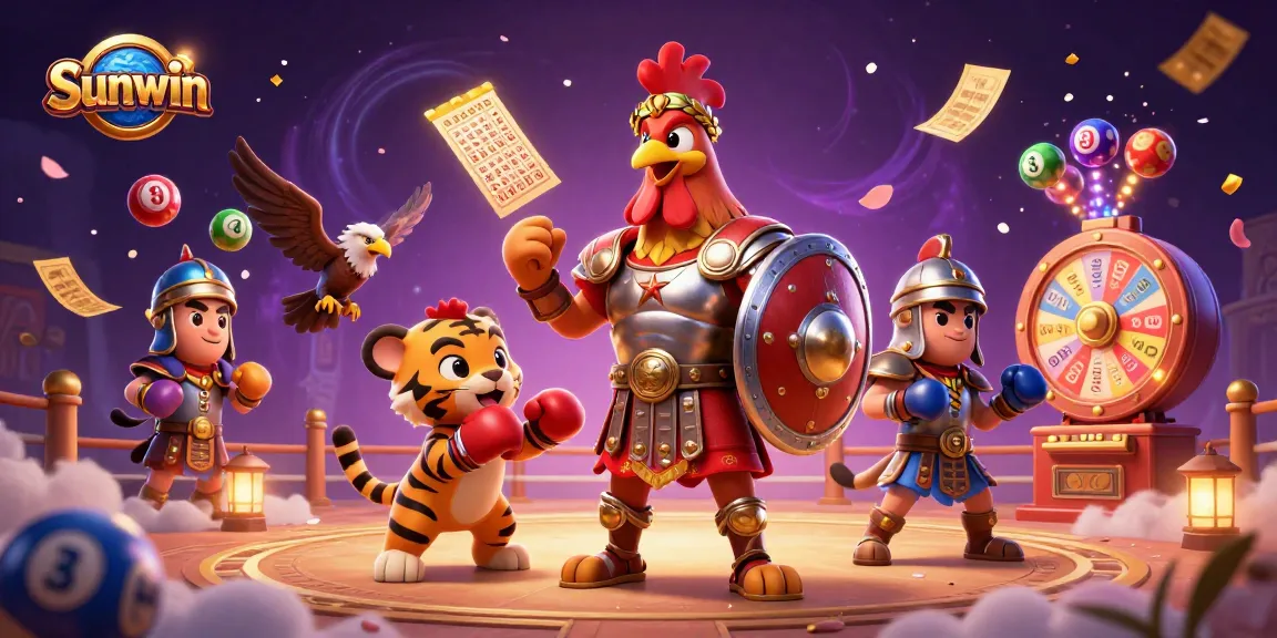 Sunwin engages players with a vibrant cockfighting scene featuring a gladiator rooster and colorful lottery elements