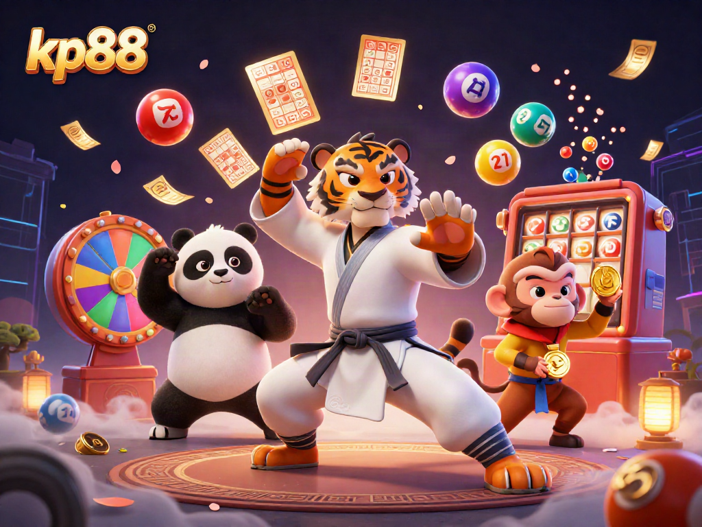 Experience thrilling betting with KP88's dynamic casino scene featuring colorful lottery elements.