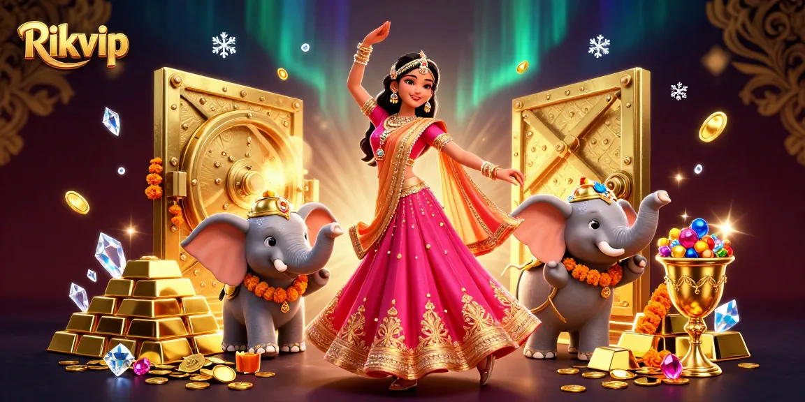The vibrant Rikvip scene showcases exciting casino elements with a beautiful Asian woman and bejeweled elephant.