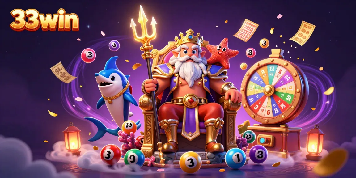 Experience 33win excitement with Neptune, treasure, and vibrant lottery elements in a lively scene.