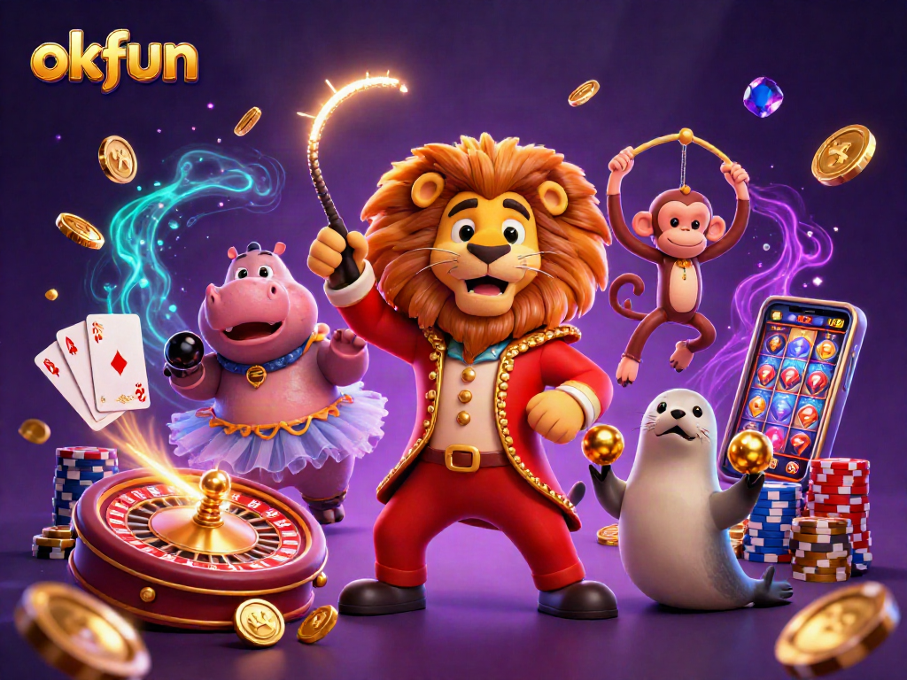 Engage in winning excitement with okfun at a vibrant casino-themed circus scene.
