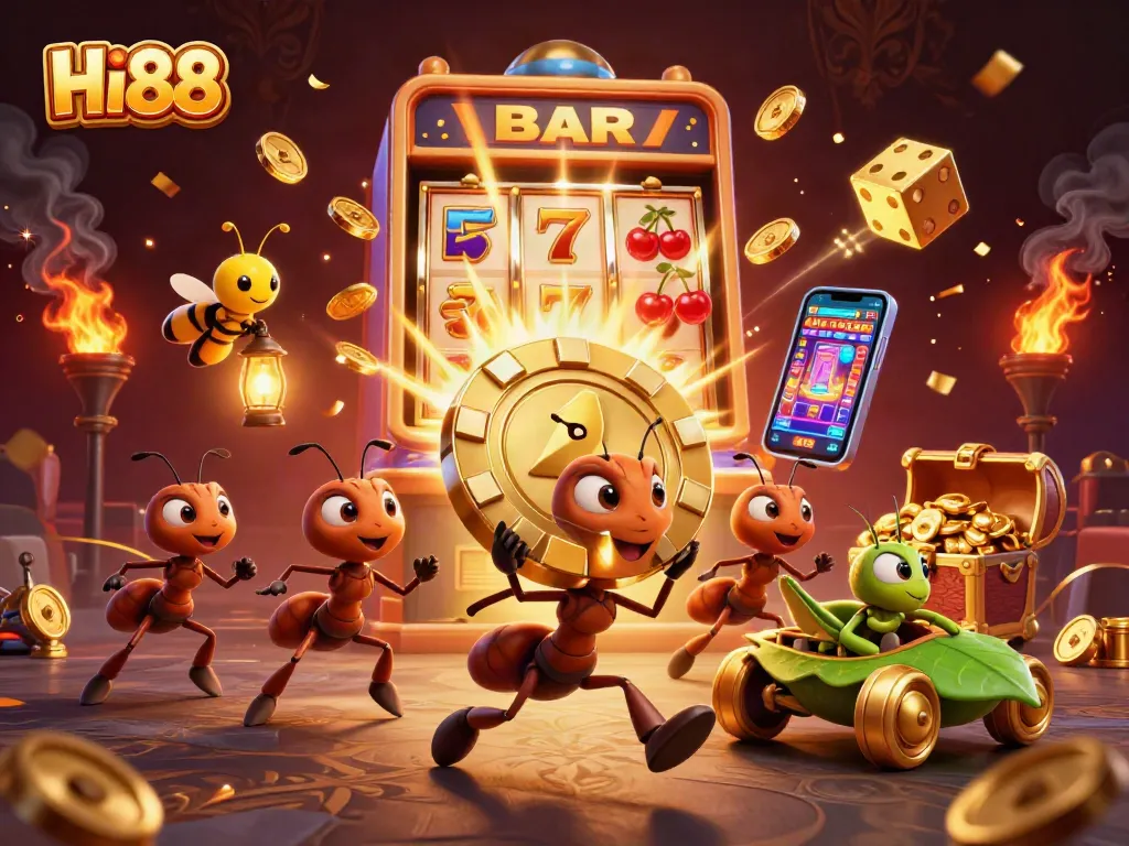 Experience the excitement at Hi88 as ants carry a giant poker chip during a vibrant casino heist.