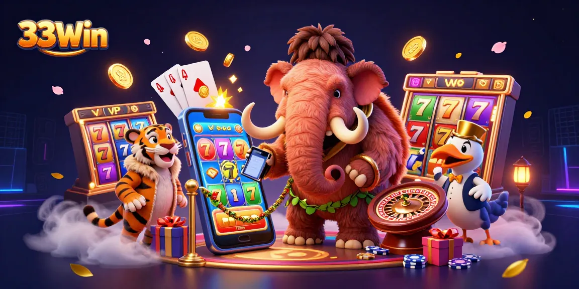 Engage with the vibrant 33Win casino scene featuring unique characters amidst slot game action.