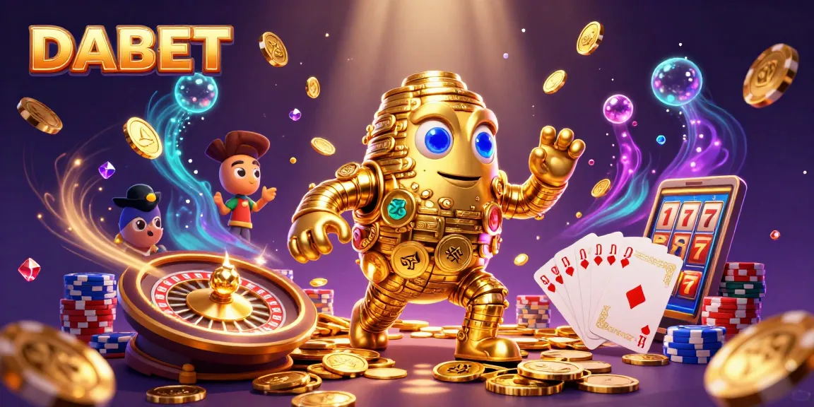 DABET brings winning excitement to life with a stunning 3D illustration of a golden golem amidst casino games.